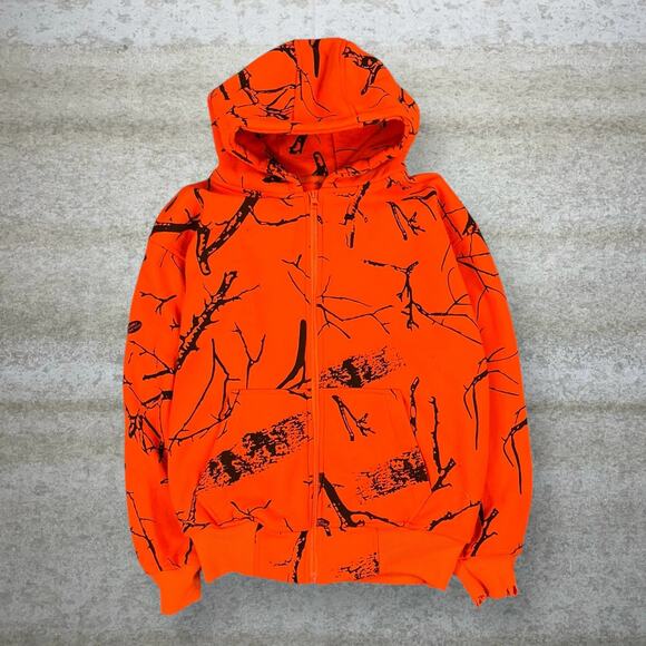 Vintage Orange Hunting Camo Hoodie Cotton Full Zip Woodland Youth M 90s